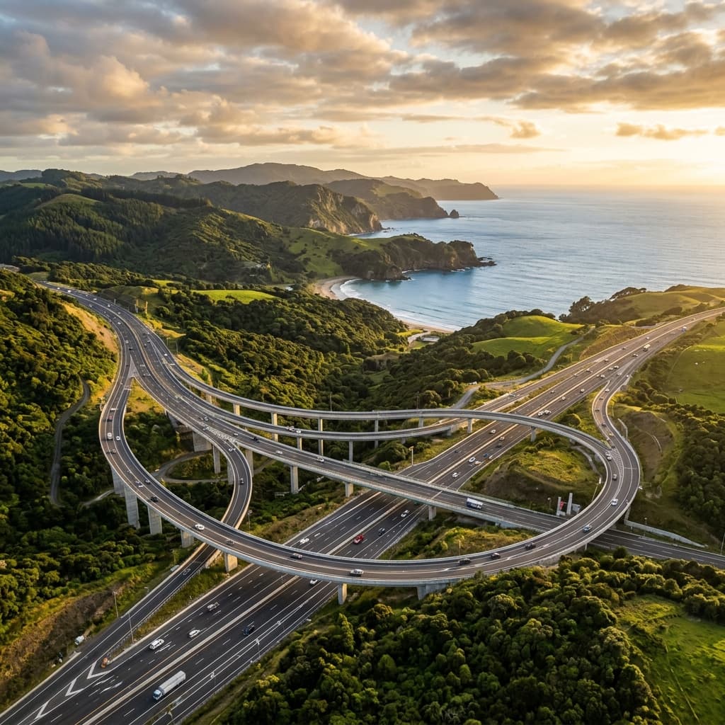Aerial view of a New Zealand highway interchange