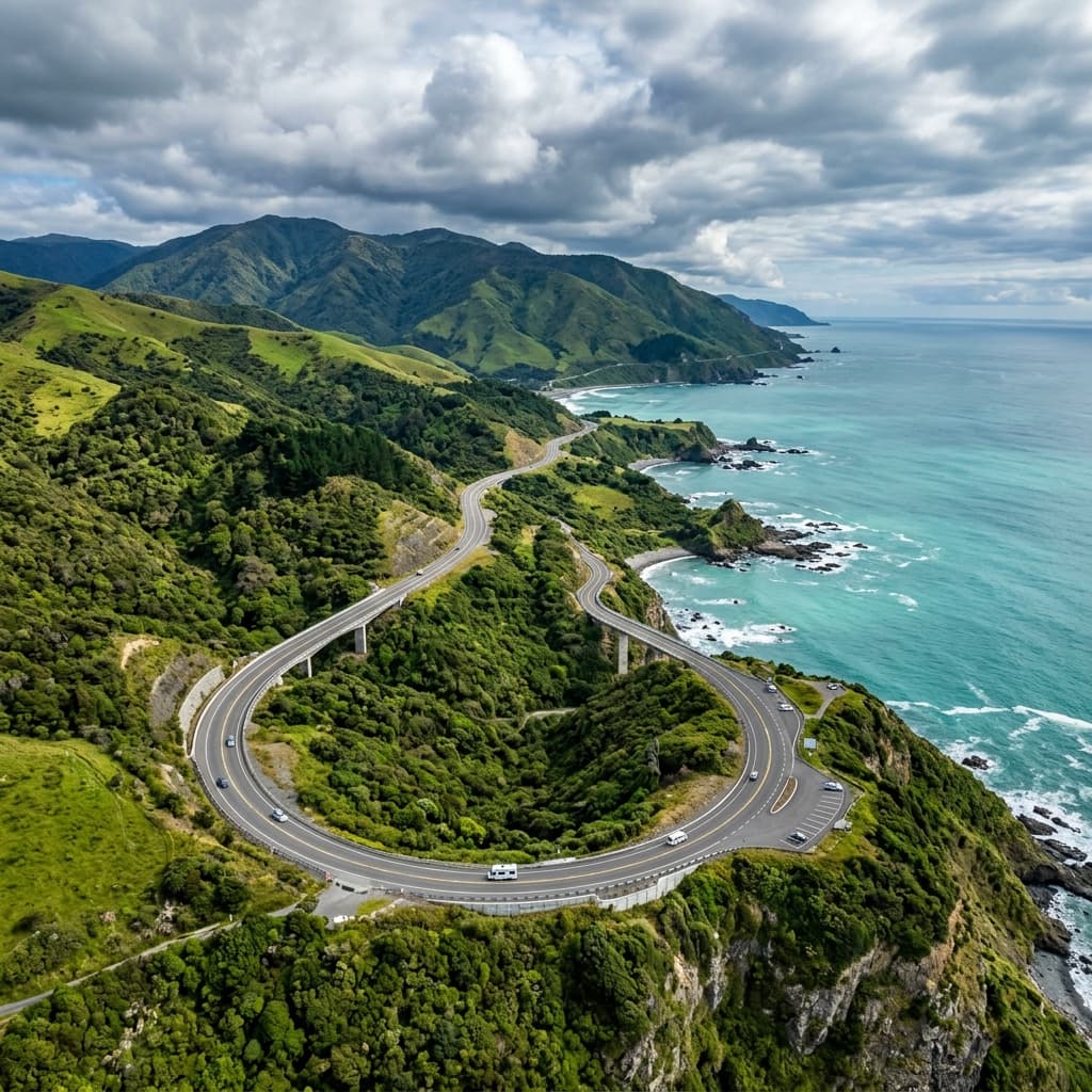Aerial view of coastal highway infrastructure project